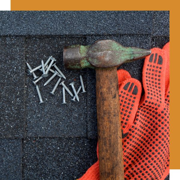 hammer, nails, roof shingles
